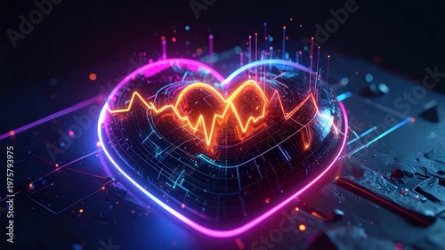Glowing heart with a pulse waveform in a futuristic digital scene