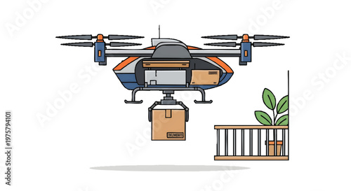 Drone delivering package to balcony with plant