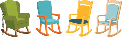 Cartoon rocking chairs in colorful vector illustration of traditional and modern furniture designs