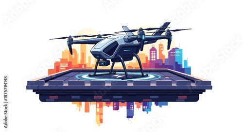 Drone on a landing pad with cityscape background