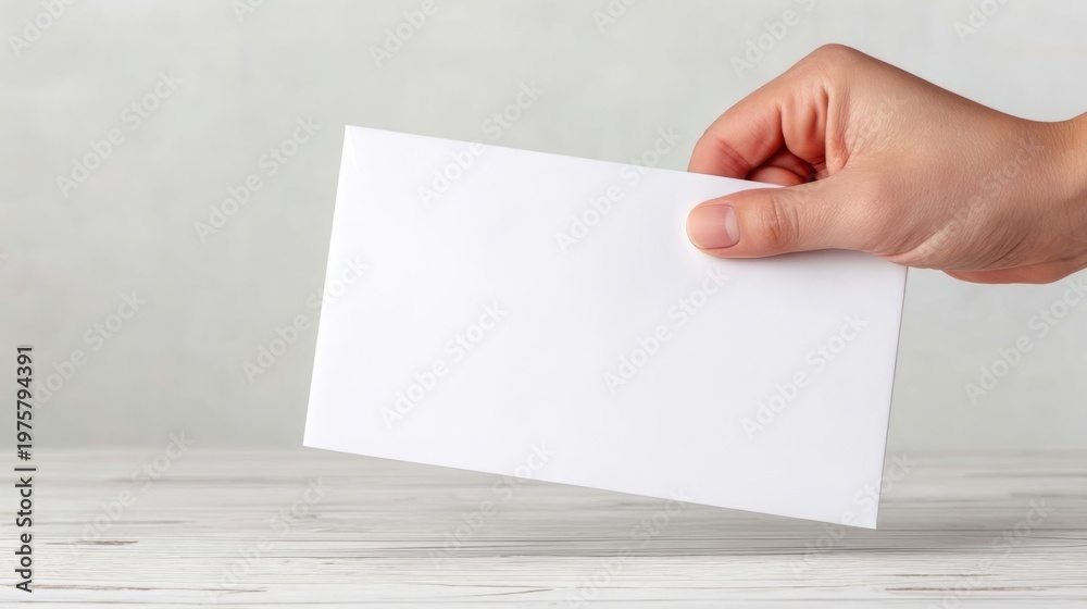 Fototapeta premium Woman holding blank white envelope. Business correspondence or personal letter template. Mockup for message, invitation, greeting card or announcement. Communication and document concept.