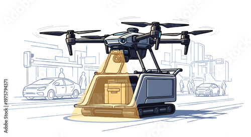 Drone on a robotic platform in a cityscape illustration