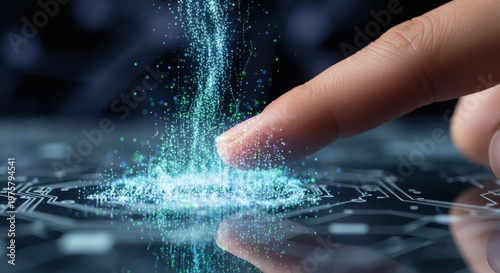 Human finger interacts with glowing digital data on a futuristic circuit, symbolizing innovation, advanced technology, and future connectivity concepts
