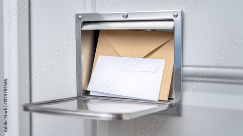 White envelope and brown letter inside metal door mail slot. Postal delivery service and paper correspondence concept. Receiving personal mail, document, invitation or bill at home.