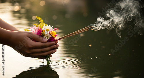 Hands offering beautiful flowers and aromatic incense sticks on tranquil water during a spiritual ritual
