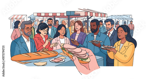 People enjoying food at outdoor market or festival gathering