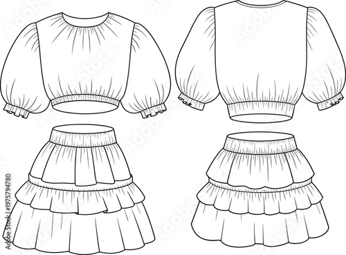 Two piece outfit fashion technical drawing, puff sleeve cropped blouse with buttons, tiered skirt design, women’s garment flat sketch apparel illustration