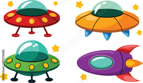 Cartoon spaceships in colorful vector illustration of rockets, stars, and outer space design