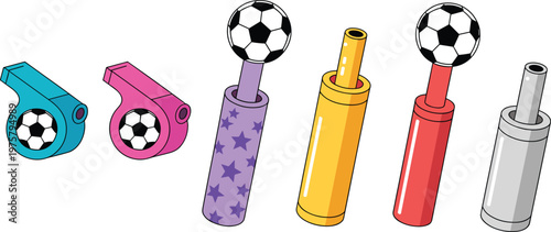 Cartoon soccer whistles and colorful vector illustration of sports toys and football themed objects