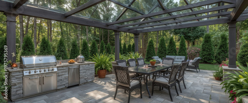 Outdoors kitchen area with seating and grill under a glass roof in a private garden