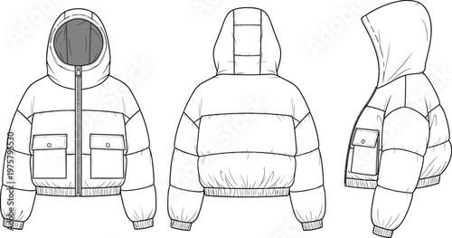 Fashion technical drawing of puffer jacket with hood, flap pockets, quilted insulation, garment flat sketch, apparel design illustration, sewing pattern