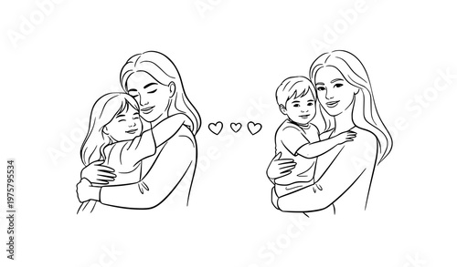 Mother with daughter and son line art vector illustration for mothers day love and family design