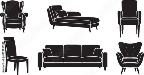 Collection of modern black furniture on white background illustration