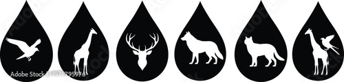 Set of minimalist animal silhouettes including a bird, giraffe, deer, wolf, and cat inside black water drop shapes for nature conservation and wildlife logos.