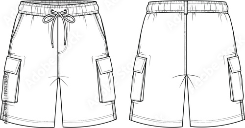 Fashion technical drawing of cargo shorts with elastic waistband, drawstring, flap pockets, garment flat sketch, apparel design illustration, sewing pattern