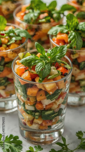 Fresh vegetable salad in clear glasses with herbs for a garden party in afternoon sunlight