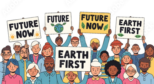 Diverse crowd holding eco-friendly protest signs for Earth First and Future Now