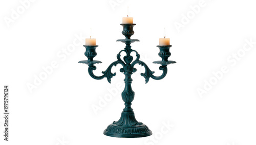 Antique Teal Metal Candelabra with Four Lit Wax Candles