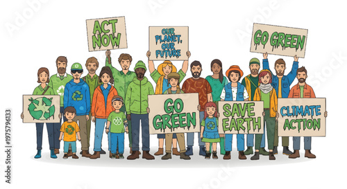 Diverse group of people holding eco friendly protest signs