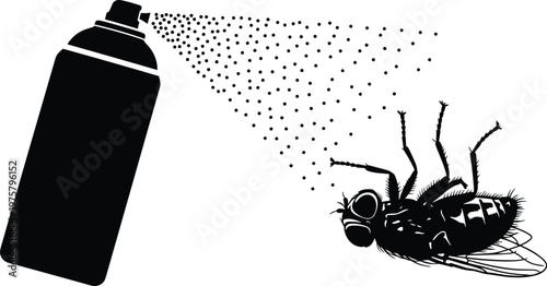 Silhouette of insect spray killing fly, pest control concept, aerosol insecticide, hygiene protection, household cleaning, bug extermination, isolated black illustration