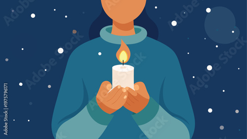 Person holding candle, peaceful illustration, night background, hope symbol