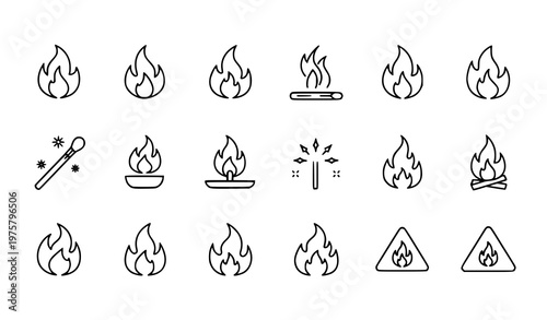 Title:
Fire flame line icons pixel perfect editable stroke vector minimal outline heat and burn symbols isolated on white