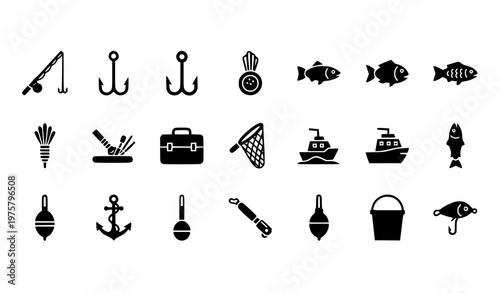 Title:
Fishing flat black icons set simple silhouette vector collection of fishing equipment isolated on white background