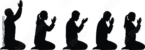 Silhouettes of people praying on knees, spiritual devotion concept, religious faith, meditation and worship, peaceful reflection, human belief expression, isolated black illustration set