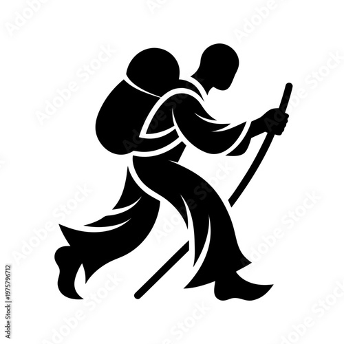 Hiking monk silhouette, black vector icon, traveler with backpack and trekking poles, adventure symbol