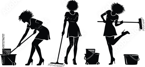 Silhouettes of woman cleaning floor with mop and bucket, housekeeping service concept, domestic work, hygiene maintenance, home chores, professional cleaner illustration set