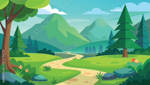 Cartoon landscape, green mountains, winding road, trees, nature scene