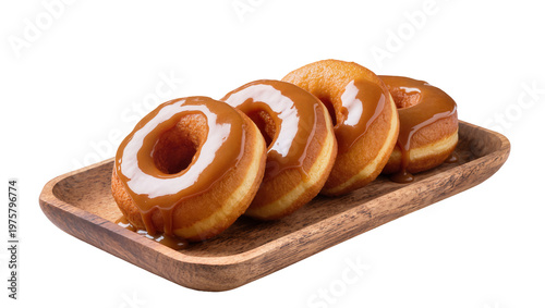 Glazed Donuts with Cream Filling on Wooden Rectangular Tray