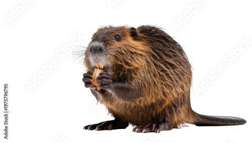 Brown European Beaver Holding Food with Furry Body and Long Tail