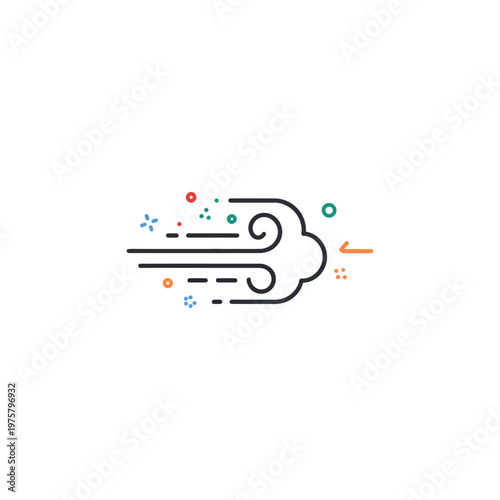 Vector of a cloud with swirling lines and dots symbolizing windy weather.