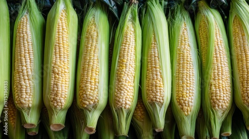 Fresh Sweet Corn Ears with Bright Yellow Kernels and Green Husks Perfect for Summer Meals and Farm-to-Table Cuisine in a Vibrant Vegetable Display
