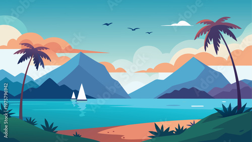 Tropical island, beach landscape, palm trees, mountains, sailboat
