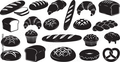 Variety of baked goods and bread in black silhouettes