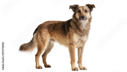Schilderij op canvas Brown fluffy mixed breed dog standing looking forward