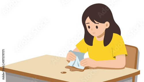 Girl wiping desk with tissue, focused and calm, in a minimalist setting on a transparent background