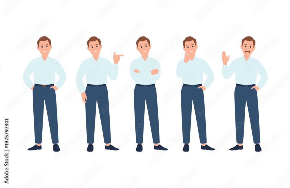 Obraz premium Five cartoon men showcasing various professional poses, including one with a subtle mustache and waving