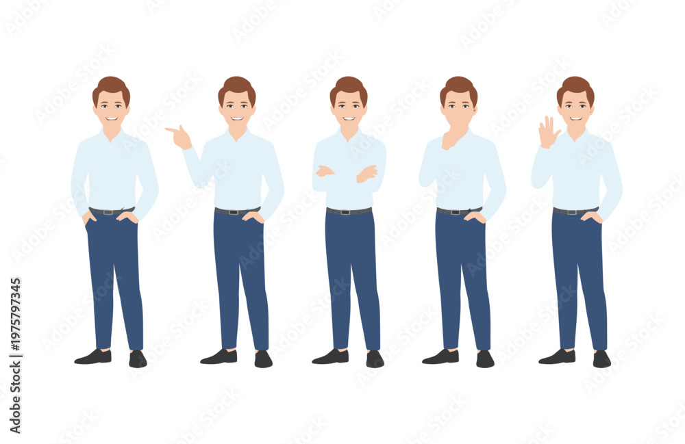 Fototapeta premium Five cheerful cartoon men in various professional poses including pointing, thinking, and an OK gesture