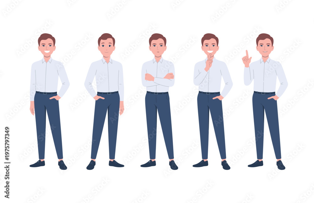Obraz premium A row of five smiling young cartoon men in various professional business poses and expressions