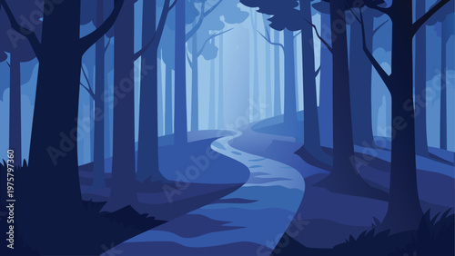 Misty forest, blue landscape, vector illustration, nature scene