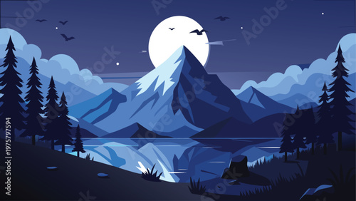 Moonlit Mountains, Night Landscape, Dark Nature, Vector Scene