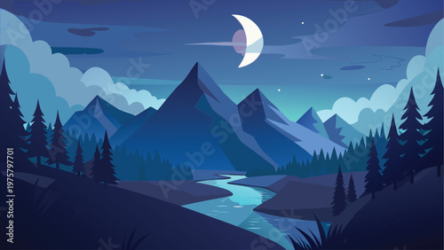 Night mountain landscape, moonlit scenery, dark blue mountains, serene river