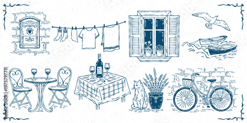 Hand-drawn vector collection of Mediterranean lifestyle with bicycle, cafe furniture, wine, laundry line, shutters, mailbox, cat, plants, and boats. Ideal for travel, cafe, and coastal design