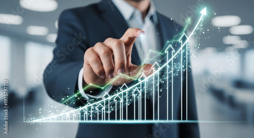 Business growth chart with upward trend, represented by a hand touching a glowing financial graph in a modern office setting
