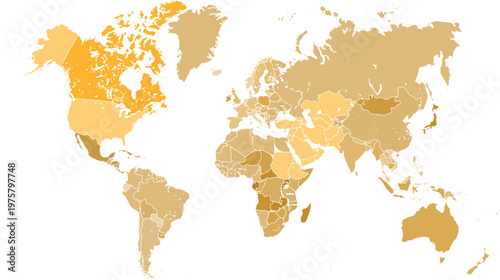 Monochromatic Orange and Brown World Map Illustration with Political Borders and Textured Earthy Aesthetic