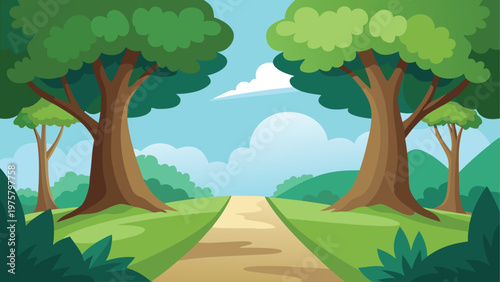Cartoon landscape, green trees, dirt road, blue sky