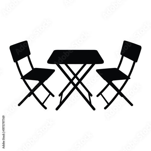 Black silhouette of a folding table and two chairs